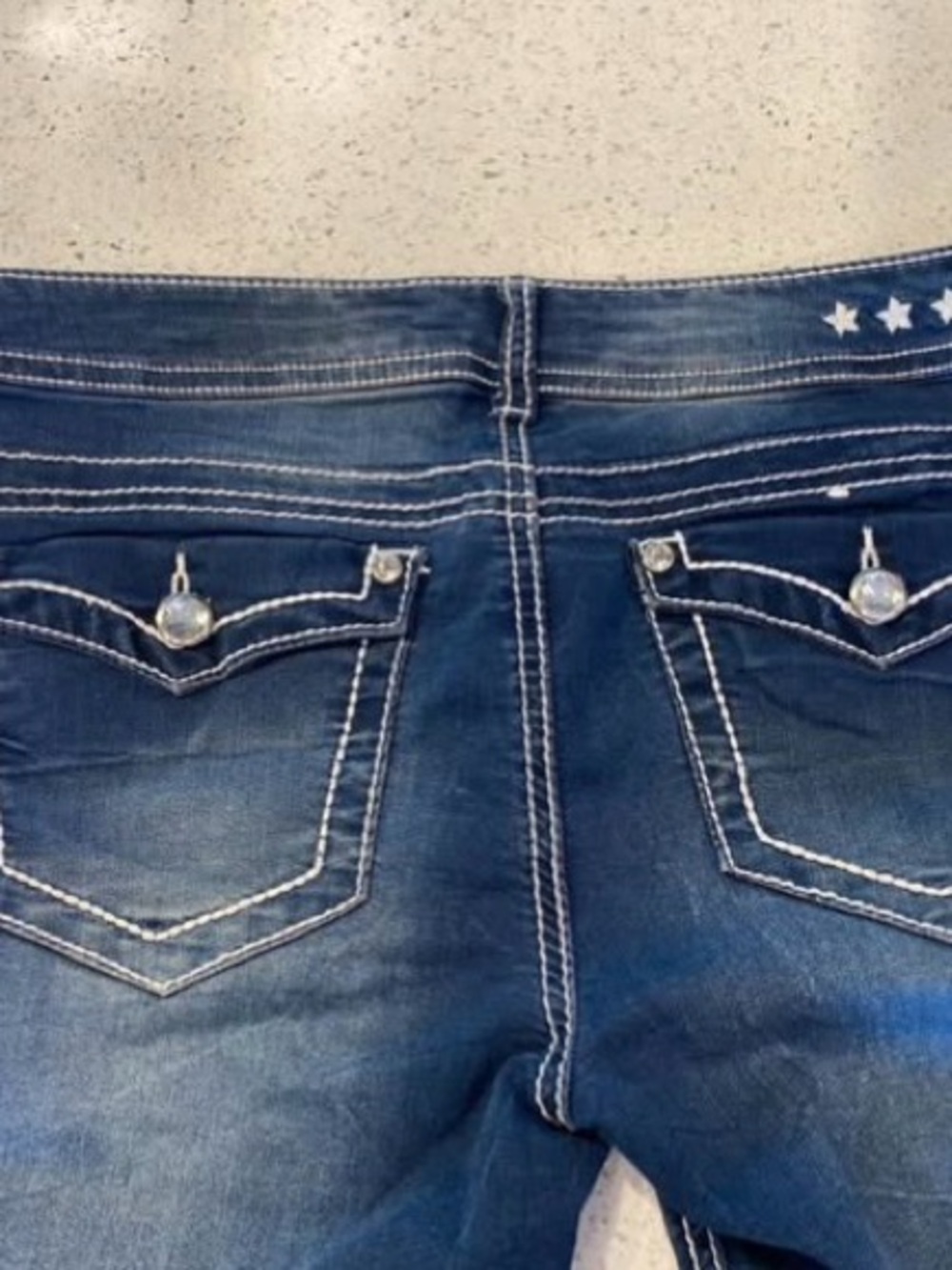 Vanilla Star Dark Blue Capris with Rhinestone Pockets & White Stitching